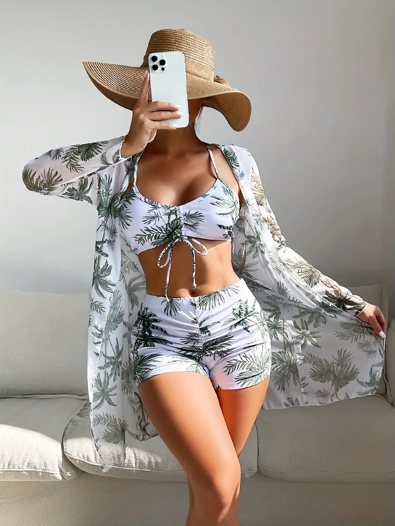 3-teiliges schickes Badebekleidungs-Bikini-Set mit V-Ausschnitt, Boxershorts, langärmeliges Cover-Up-Shirt, bequemer Badeanzug, Badeanzug für Damen