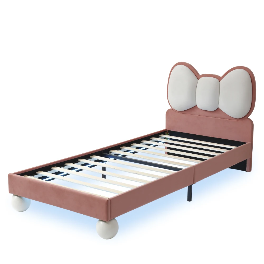 PINGGO Kinderbett, Einzelbett, 90 x 200 cm, Samt-Kopfteil in Fliegenform, Farbe, verstellbares LED-Licht, stabile Latten, ohne Matratze – Detail 14