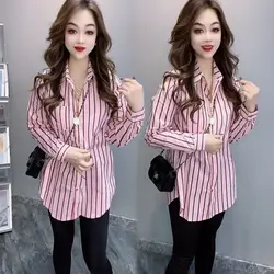 Women Spring Fashion Trend Loose Striped Turn-down Collar Long Sleeve Shirts Women Clothes Casual All-match Appear Thin Tops