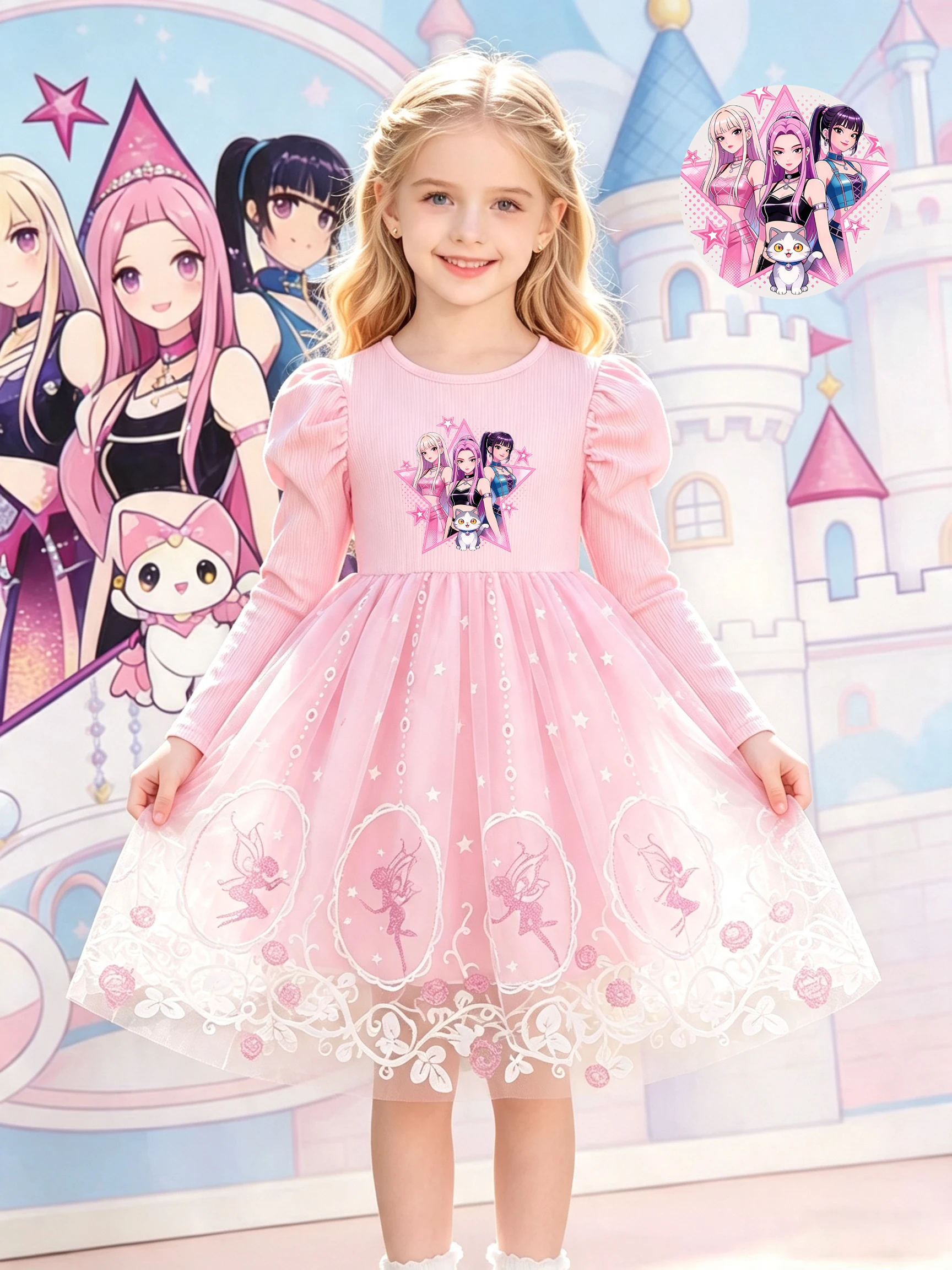 Girls' Cartoon Print Long Sleeve Tulle Princess Dress, Pink Puff Sleeve Elf Embroidered Lace Tutu Dress, Kids Spring and Autumn
