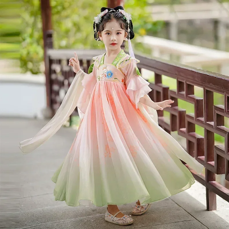 Traditional Girls Fairy Costume Pink Floral Embroidery Hanfu Children Chinese Style Tang Photography Cosplay Dress