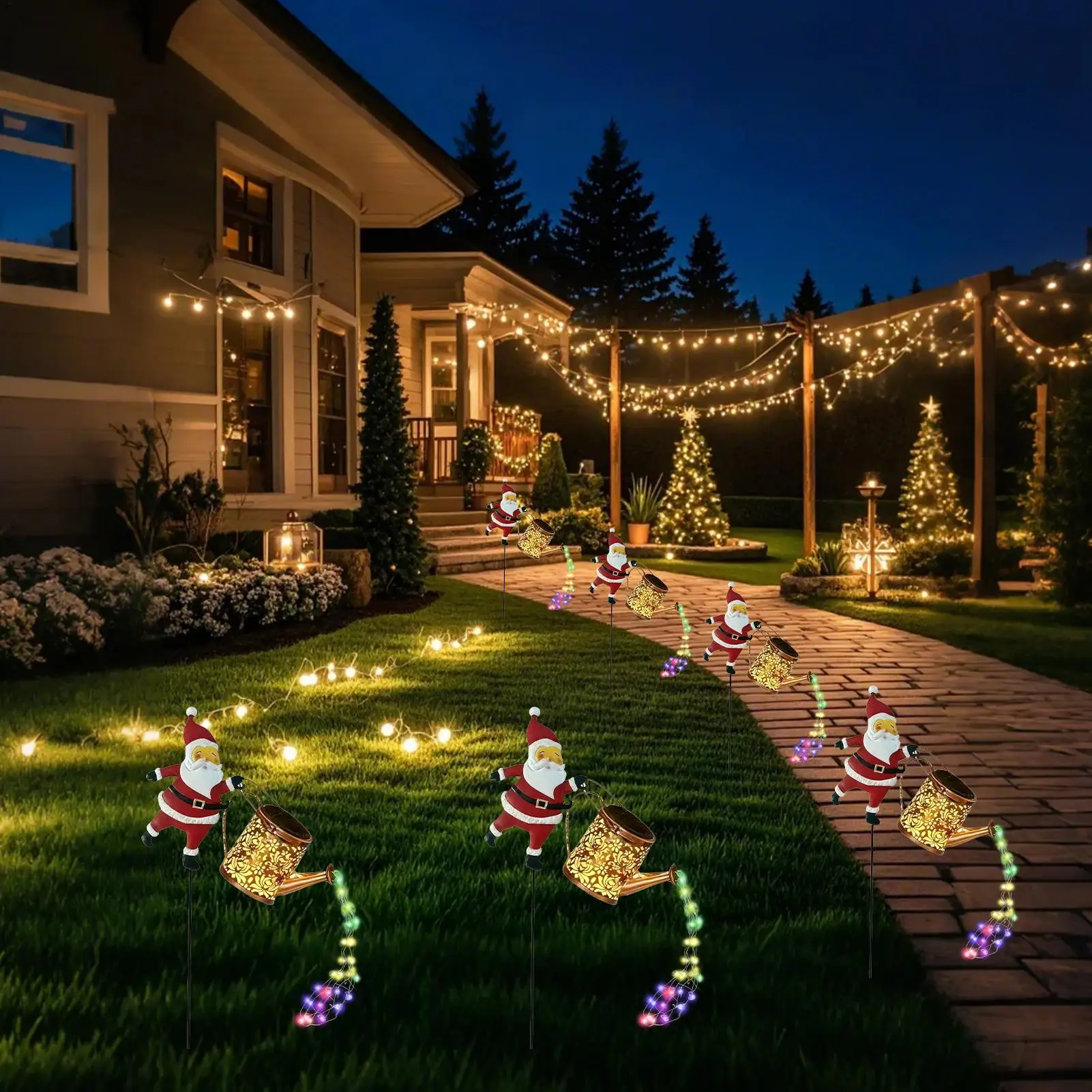 

Solar Garden Light Hanging Lanterns Christmas Decor Watering Can Lamp LED Solar Santa Pendant Lights for Yard Lawn Path Decor