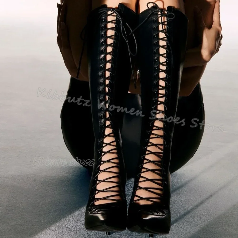 Hollow Knee High Boots Leather Solid Color Novelty Fashion Elegant Sexy Luxury Concise Women Shoes Pointed Toe Thin Heel Newest - Image 2