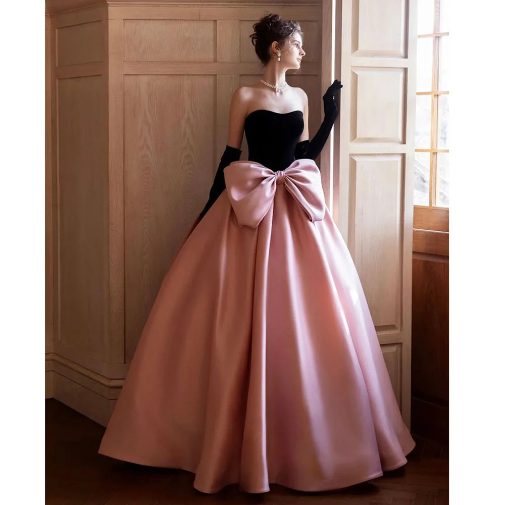 

Elegant Pink Purple Evening Party Dresses Black Sweetheart Sleeveless Fancy Bow Floor Length A-Line Simple Women Prom Gowns