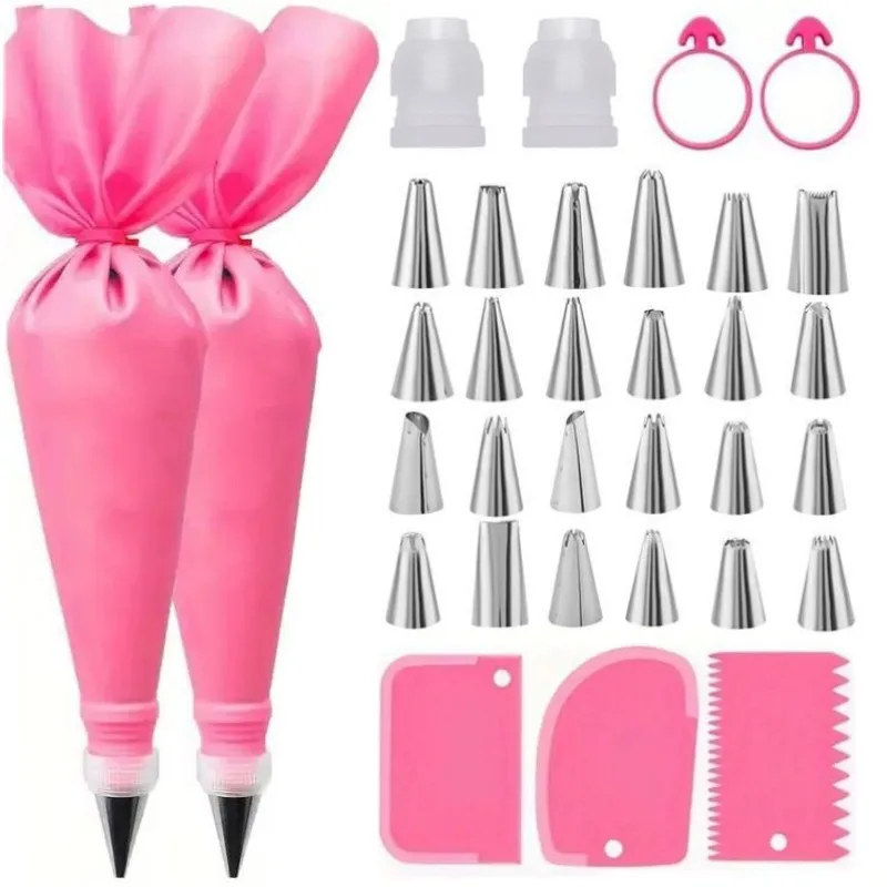 33PCs Silicone Piping Bags And Tips Set Stainless Steel Nozzles Cake Decorating Kit DIY Reusable Silicone Pastry Baking Tools