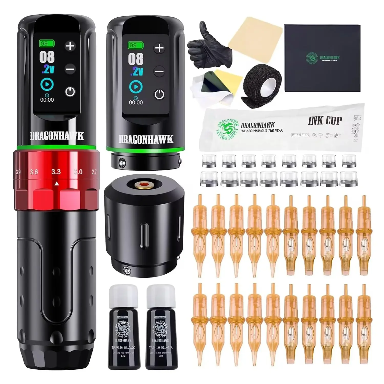Dragonhawk L3 Draadloze tattoo machine met 7 instelbare slagen, ultra lichtgewicht 222g, dubbele 2000mAh accu's, geschikt voor lijnen, schaduwen en kleuren van tatoeages