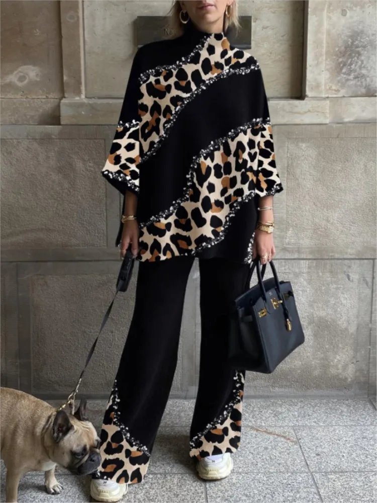 Vintage Printing Two Piece Set Women Leopard Pullover Tops Pants Elegant Suit Autumn Winter Black Streetwear Loose Sets Femme