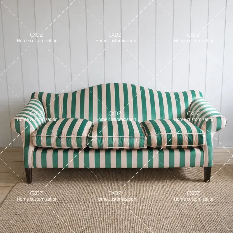 Medieval Green and White Striped Fabric Retro 3 Seater Armchair with Backrest Classic Casual Sofa