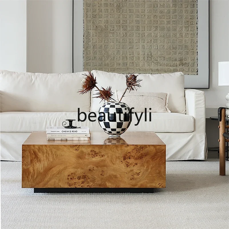 French antique square coffee table living room high-grade natural tree tumor bark parquet solid wood furniture