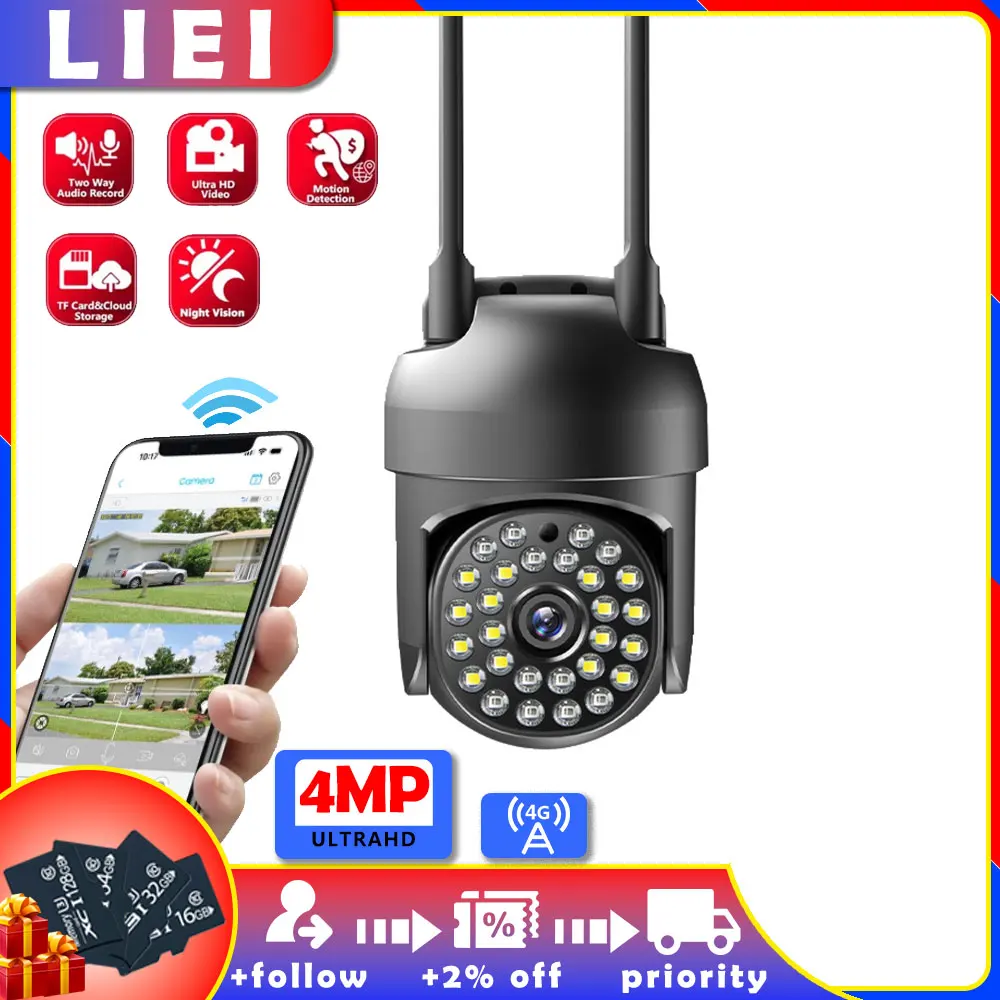 

LIEI PTZ IP 360 Cameras 4G Surveillance Camera 4MP Dual Lens Wireless Outdoor Security AI Human Detect Digital CCTV Camera 128G