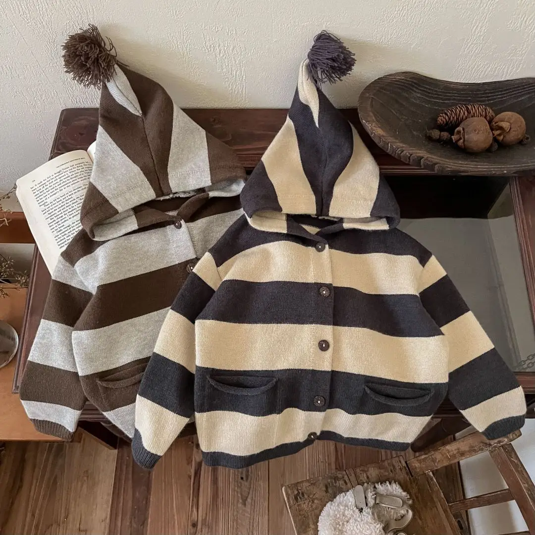 

Kids Striped Beanie Knit Cardigan Unisex Baby Toddler Hooded Pullover with Pockets Autumn Casual Sweater Coat