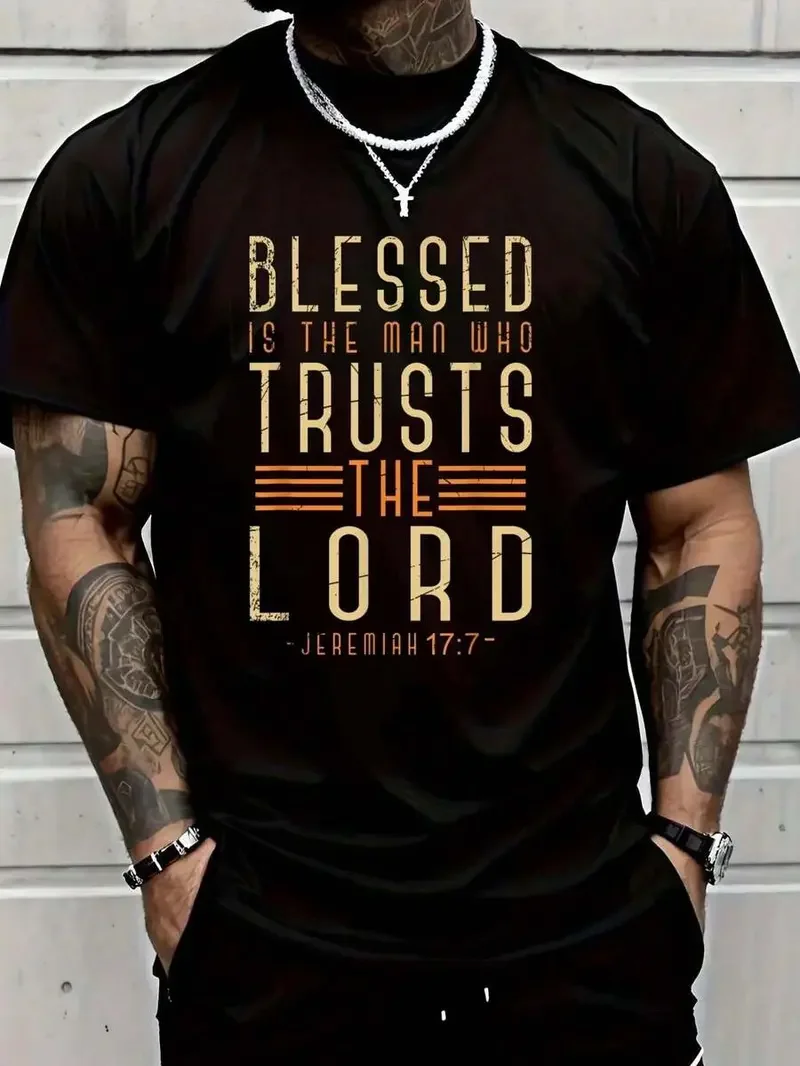 Men's 100% Cotton Stretch Round Neck Short-Sleeve T-Shirt, Black Fabric, Bible Verse Christian God Savior Print, Stitched Hem, Ideal Gift for Devotees