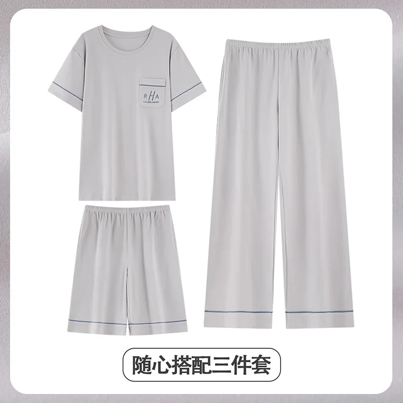 

Summer Breathable Men Pajamas 3 Piece Set Cotton Short Sleeve Shorts Long Pants Nightwear Casual Homewear 2026 New Design Male