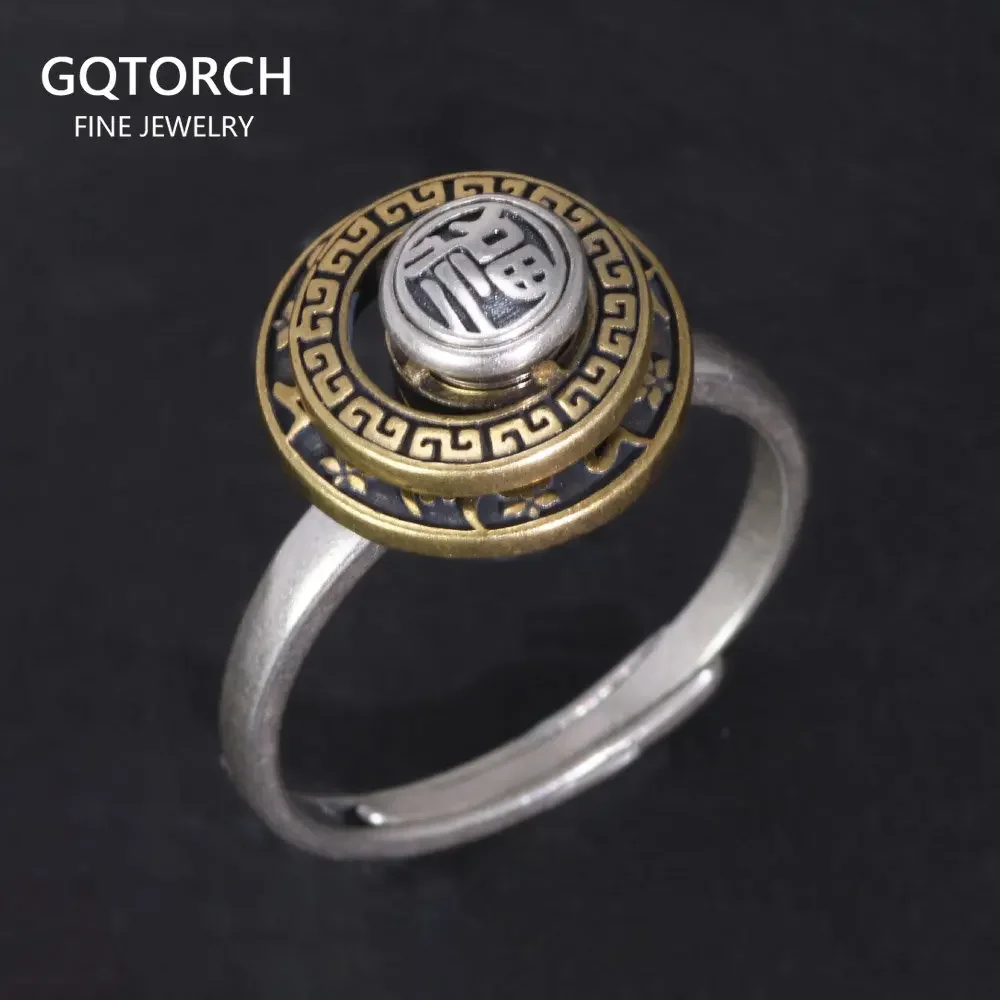 100% 925 Silver Retro Tibetan Prayer Wheel Buddha Adjustable Ring for Men and Women OM Datura Rotatable Religious Jewelry