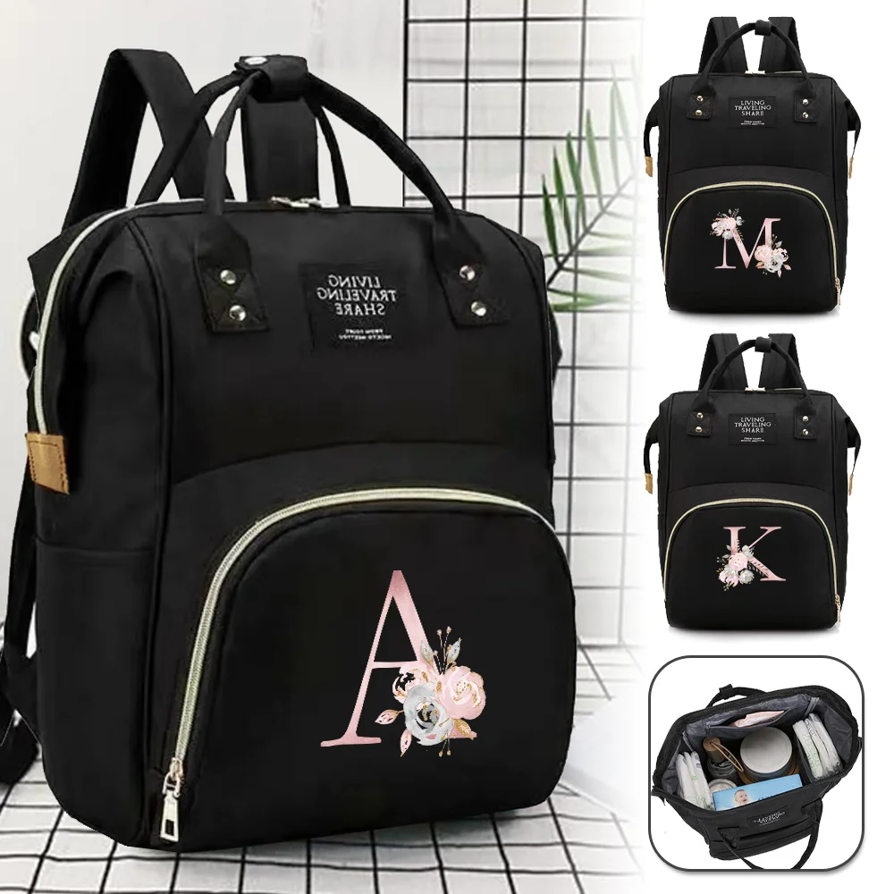 Saco de fraldas de grande capacidade para mamãe Sacos de enfermagem para bebês Mochila de fraldas Organizador da mamãe Série Flor Rosa Acessórios de viagem