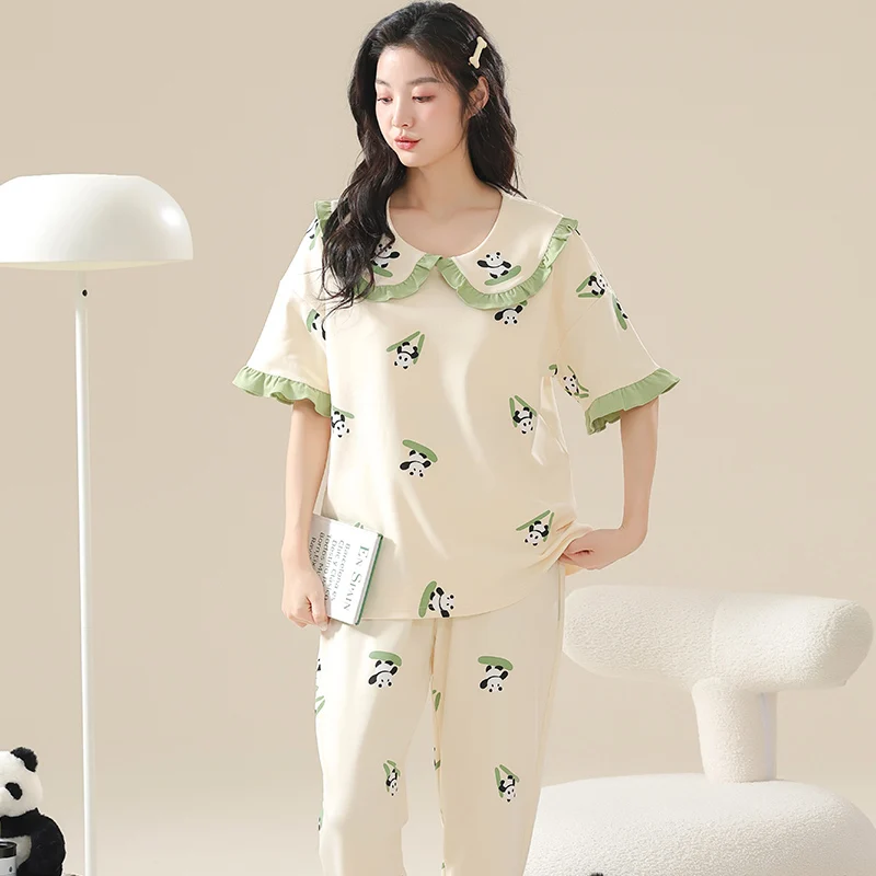 Summer fashion print pyjamas women big yards female cotton pajamas set short sleeve long pants casual tracksuit pijamas mujer