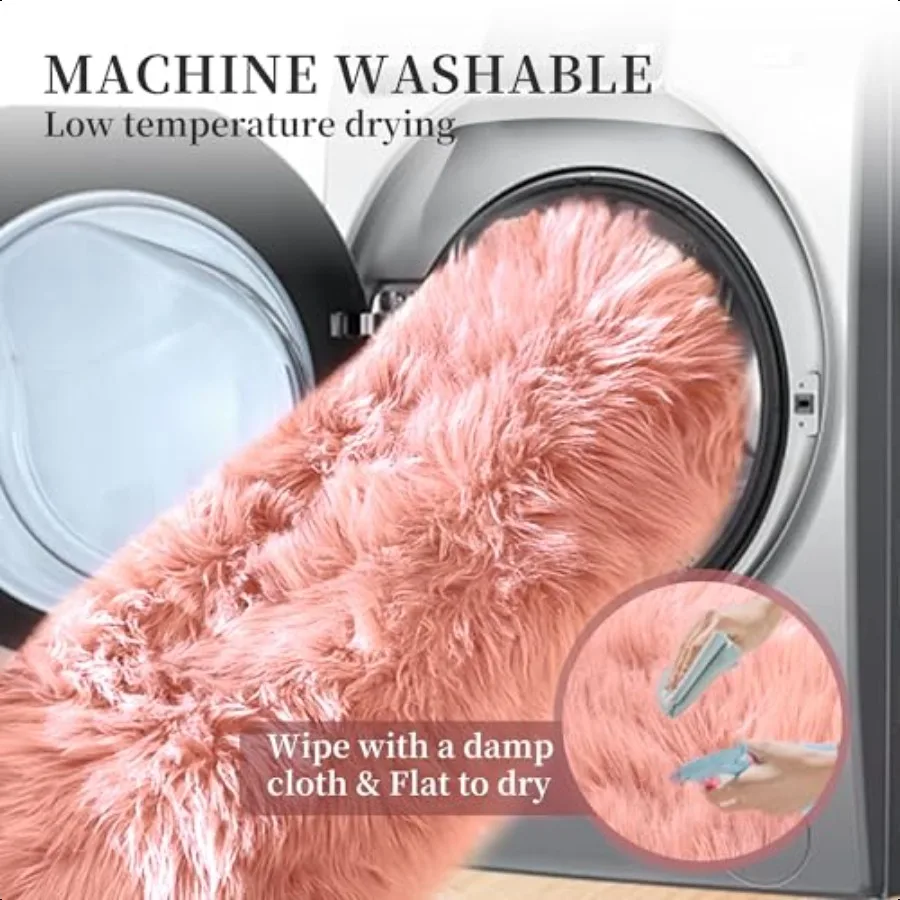 Pink Fluffy Sheepskin Fur Area Rugs for Bedroom Washable Furry Carpet Rug for Living Room Faux Fur Rug 2x3 Nursery