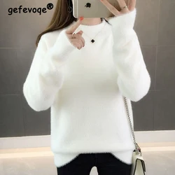 2023 Autumn Winter Women Korean Style Thick Warm Soft Basic Knitted Sweater Female Solid Long Sleeve Loose Pullover Tops Jumpers