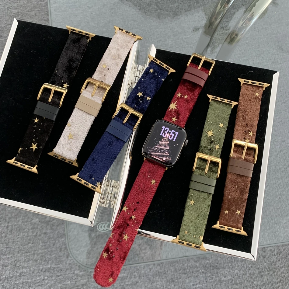 

Star Velvet Genuine Leather Bracelet For Apple Watch Band S11/10/9/8/7/6/5/Ultra iWatch Strap 49/46/45/44/42/41/40/38mm Elegant