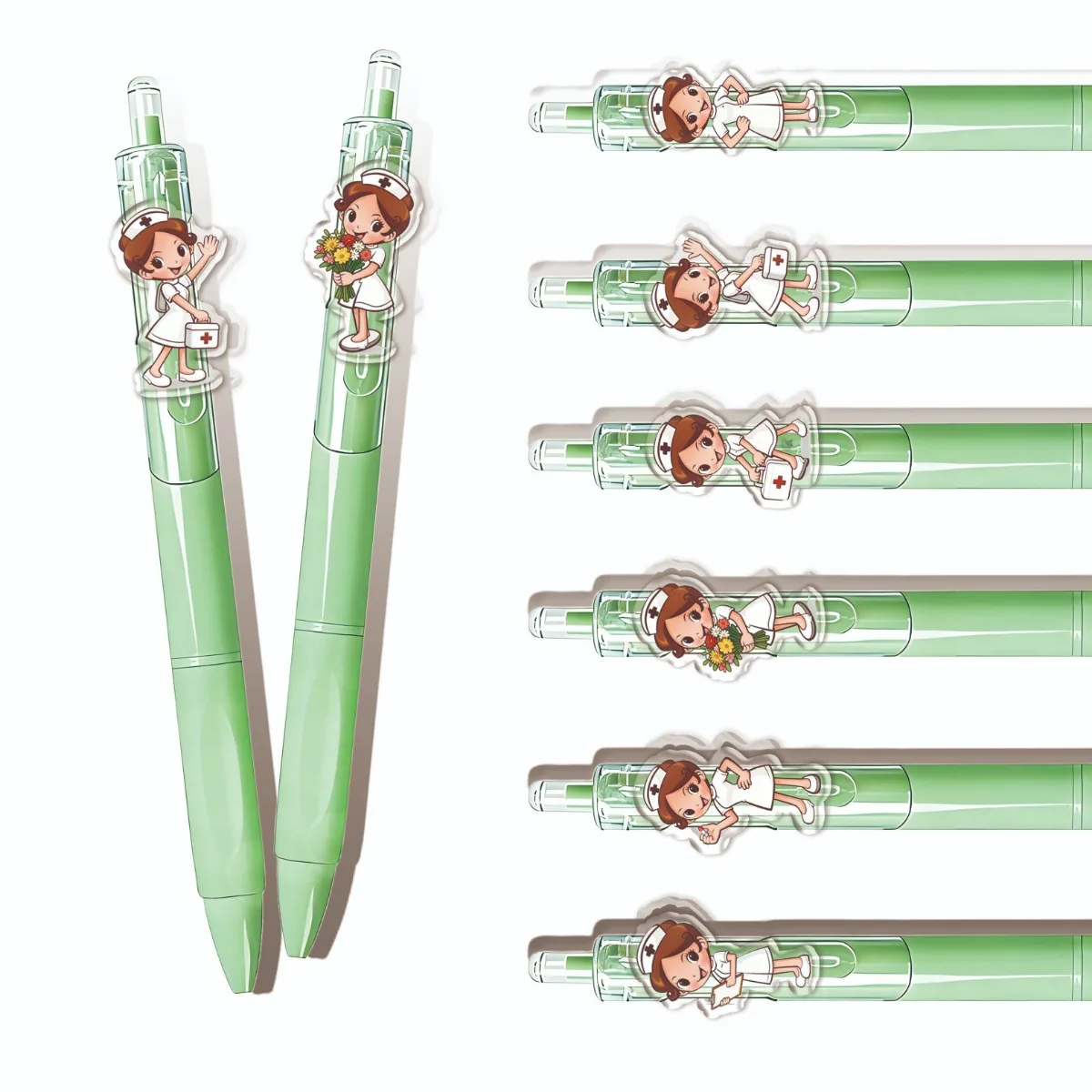 

6/12PCS Nurse Miss Soft Silicone Grip Ballpoint Pens Green Fruit Color Student Writing Pens Back-to-School Season