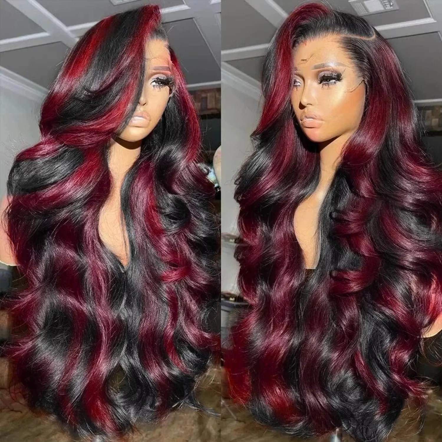 

13x6 HD 1B/99J Black Burgundy Highlight Ombre 220% Body Wave Lace Front Human Hair Wigs 30 32 Inch 13x4 Colored Lace Frontal Wig