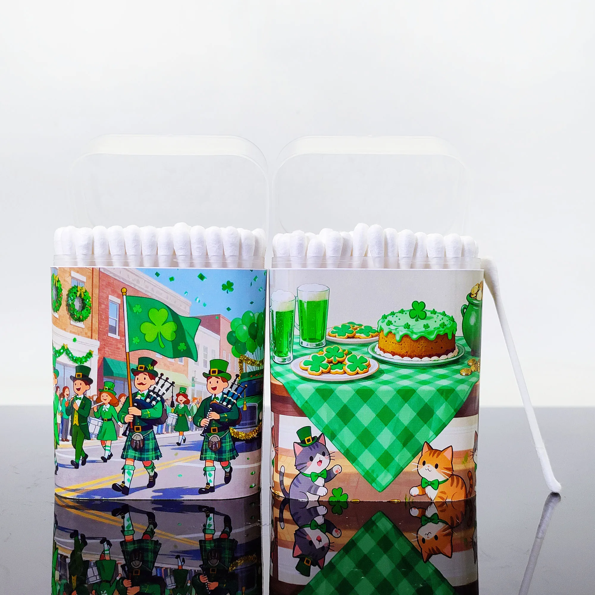 200 hisopos de algodón con temática del Día de San Patricio, cuchara redonda de doble punta, bastoncillos gruesos, serie navideña creativa.