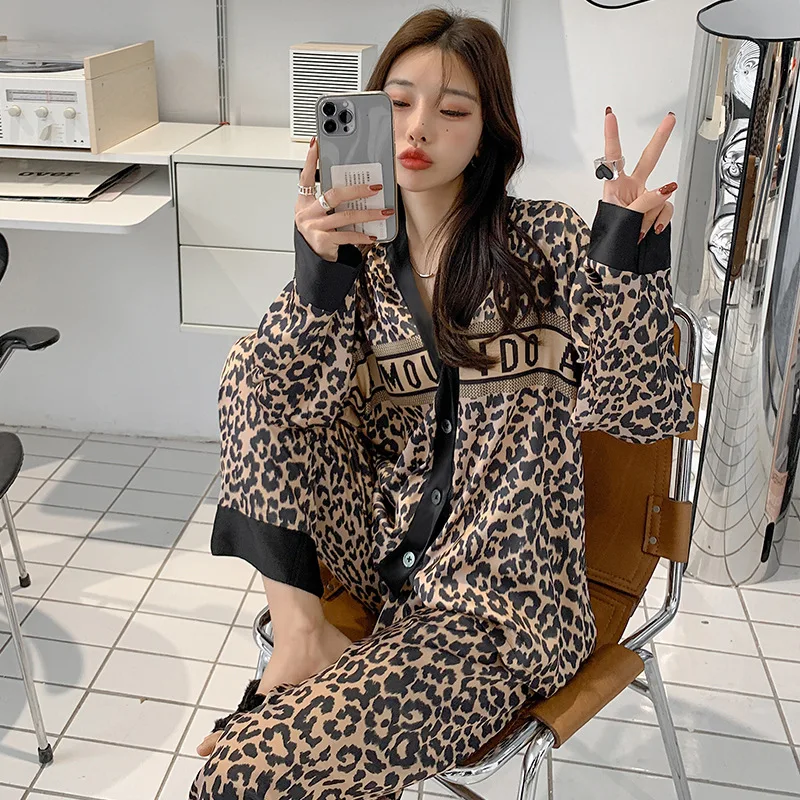 

V Neck Sleep Set Pajamas Printing Leopard Nightwear Homewear Shirt Pants Sleepwear Clothing Long Sleeve Ice Silk Home Service