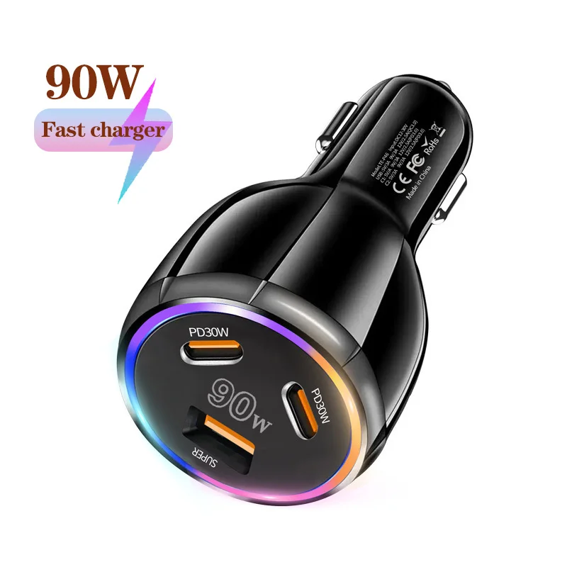 Caricabatteria da auto a 3 porte da 90 W Caricatore super veloce QC3.0 PD30W PPS Caricatore rapido per accendisigari ad alta potenza per iPhone/Huawei/Samsung
