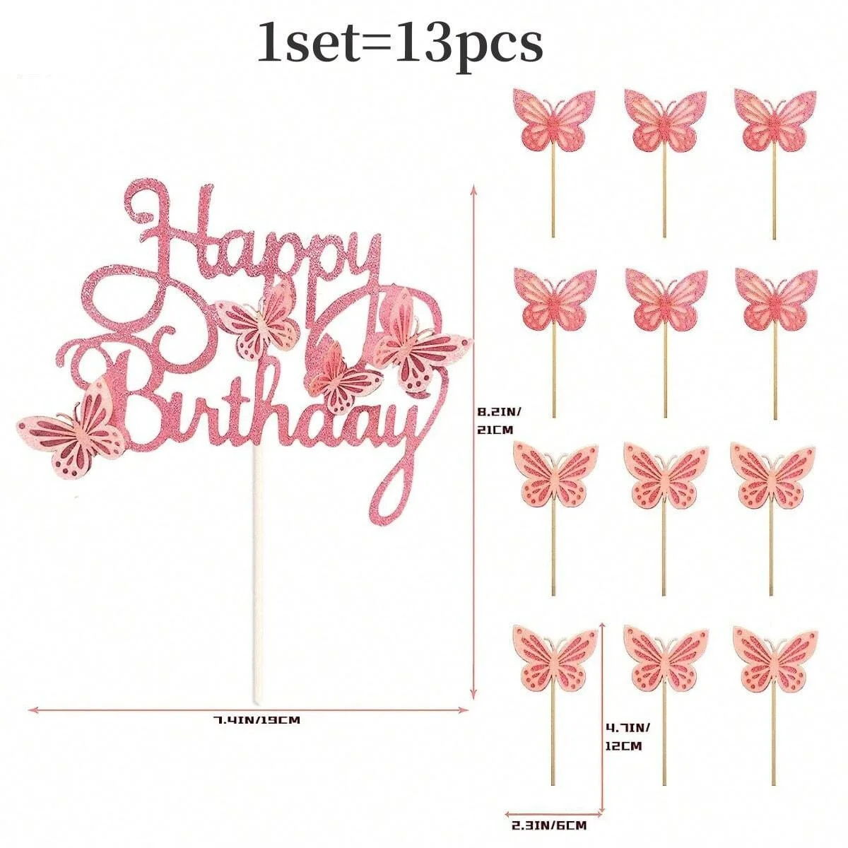 13-teiliger 3D-Schmetterlings-Cupcake-Topper für Mädchen und Frauen, alles Gute zum Geburtstag, Kuchendekorationen, Partydekorationen (Rosa) – Detail 1