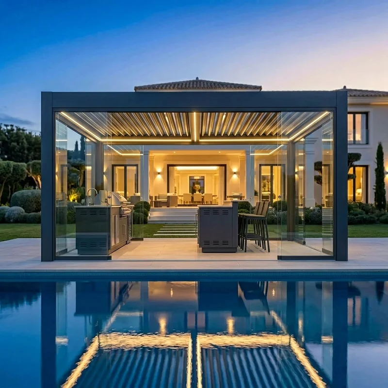 Freestanding 4x4m Outdoor Gazebo Shelter Windproof Zip Roller Blinds Bioclimatic Aluminum Pergola Poolside Lounge Balcony
