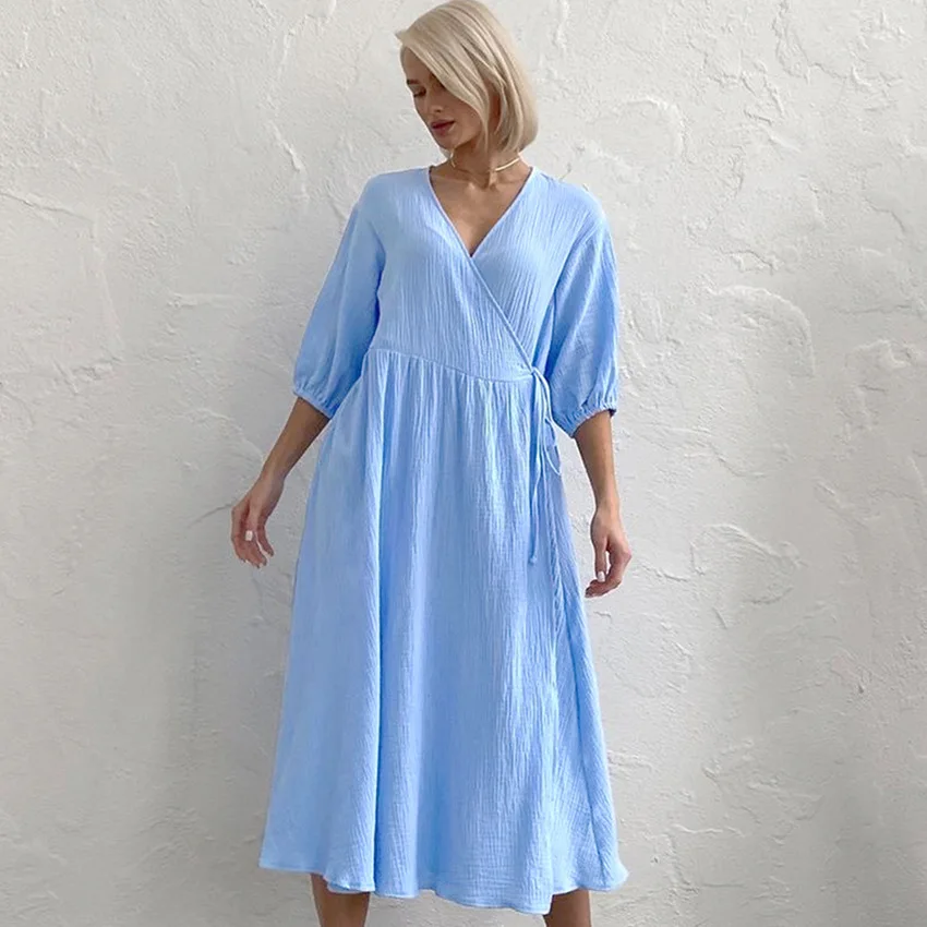 Summer Women Tricolor Nightgown All Cotton Half Bishop Sleeves Sexy V-necks Home Nightwear Lace Fold Skin Friendly Night-clothes