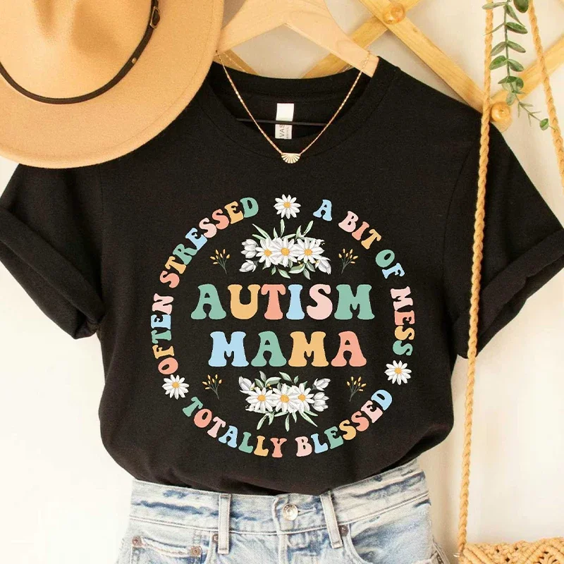 Women\'s Fashion T-shirt Autism Mama Printed Tshirts Fashion Casual Short-sleeved Tee Shirt Autism Awareness T Shirts for Women