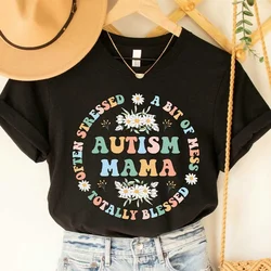 Women's Fashion T-shirt Autism Mama Printed Tshirts Fashion Casual Short-sleeved Tee Shirt Autism Awareness T Shirts for Women