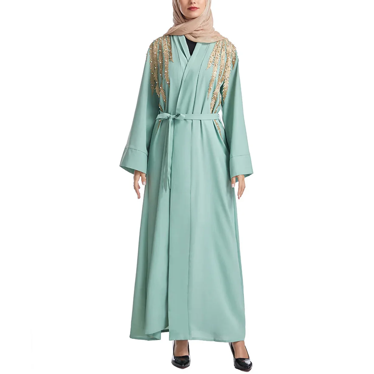 

Women's Embroidered Appliqué Abaya Robe Elegant Islamic Dress Handcrafted Details Modest Long Sleeve Kaftan for Prayer Occasions