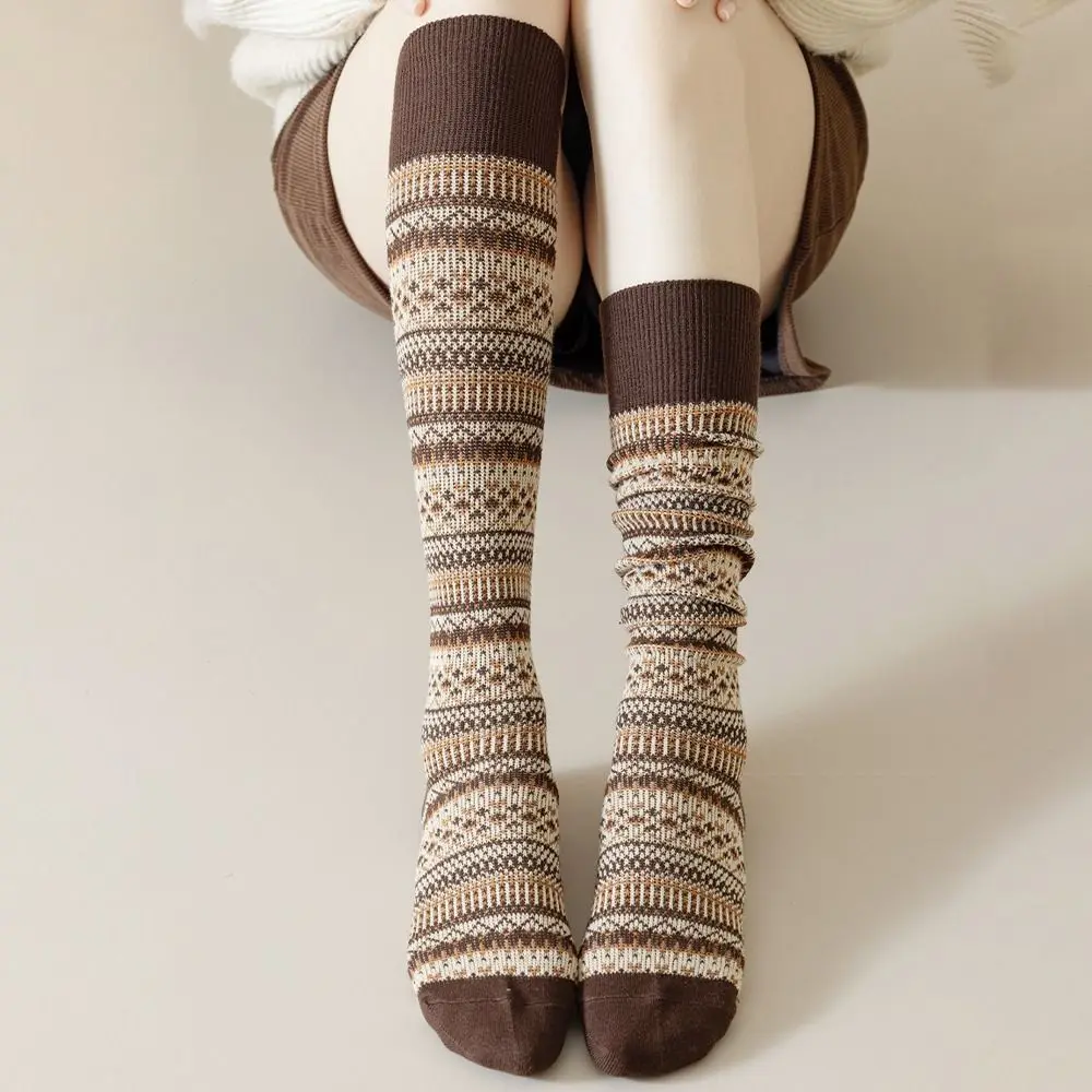

Creative Warm Knitted Thigh High Socks Soft Preppy Knee-high Socks Retro Ethnic Breathable Striped Socks Autumn Winter