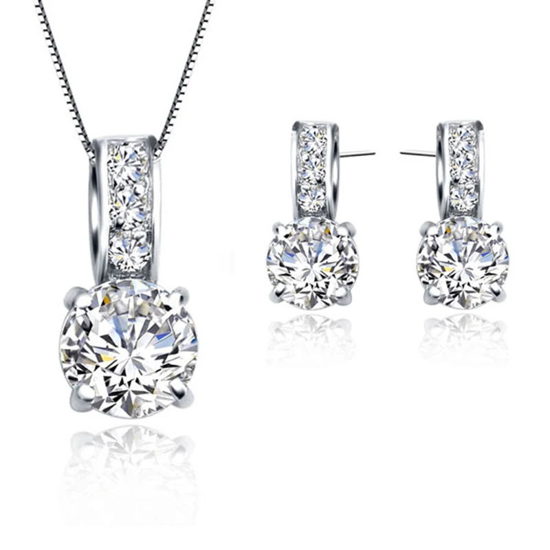 Set di gioielli da sposa in argento sterling 925 con zirconi cubici classici, collana con ciondolo in cristallo, orecchini a bottone per regalo per