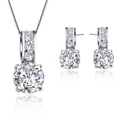 Set di gioielli da sposa in argento sterling 925 con zirconi cubici classici, collana con ciondolo in cristallo, orecchini a bottone per regalo per donne e ragazze