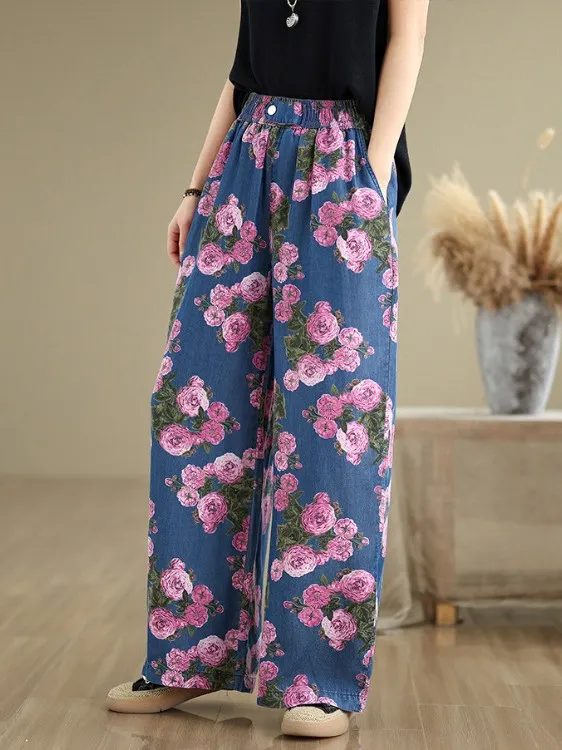 

Широкие джинсы женские, новинка 2023 года, летние, тонкие, повседневные, с эластичной резинкой на талии, элитные прямые брюки, длинные брюки, джинсовая ткань