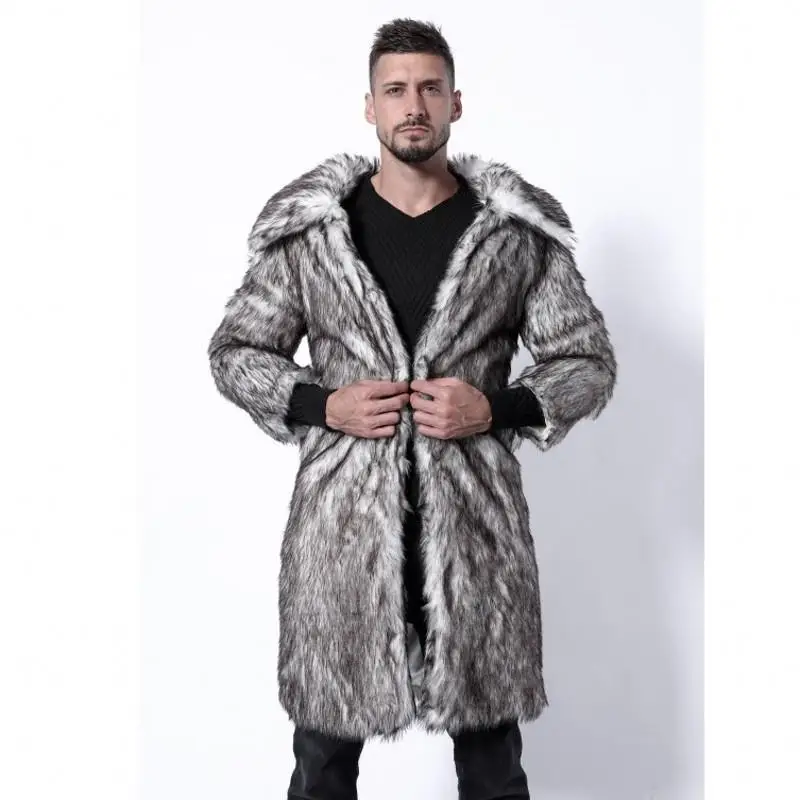 

New Men's Mid-Length Faux Fur Coat Warm Collar Briti Sle Fur Simulation Outerwear Spor Vintage Pattern Loose Fit