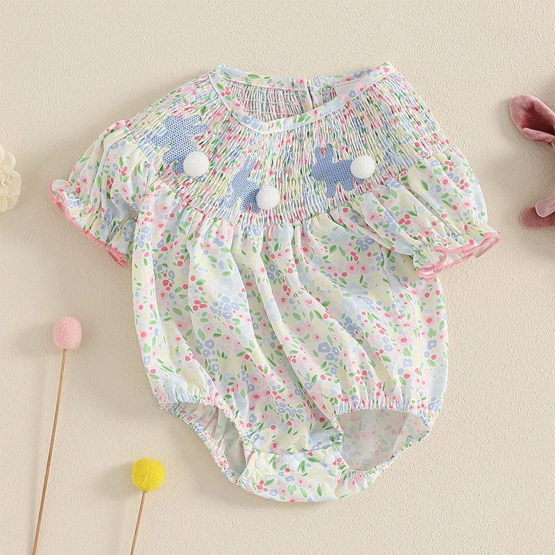 

Toddler Baby Floral Print Easter Romper Princess Baby Girl Casual Rabbit Embroidery Rompers Short Sleeve Jumpsuit Infant Outfits