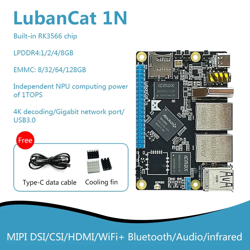 

LubanCat 1N Development Board Quad-core Cortex A55 Built-in RK3566 Chip 1TOPS NPU 4k Decoding Gigabit Network USB 3.0