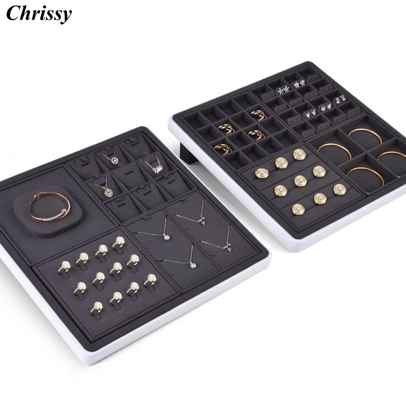 

Modern Dark Gray Jewelry Display Set, Neutral Microfiber Stand Holder for Gold Silver Jade, Minimalist Showcase Collection