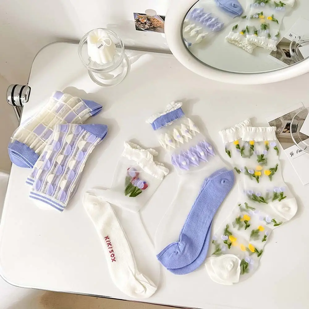 Atmungsaktive kawaii koreanische Kristall Seiden socken Stickerei Mesh Tube Socken Tulpe Strumpfwaren Damen Socken Blumen socken