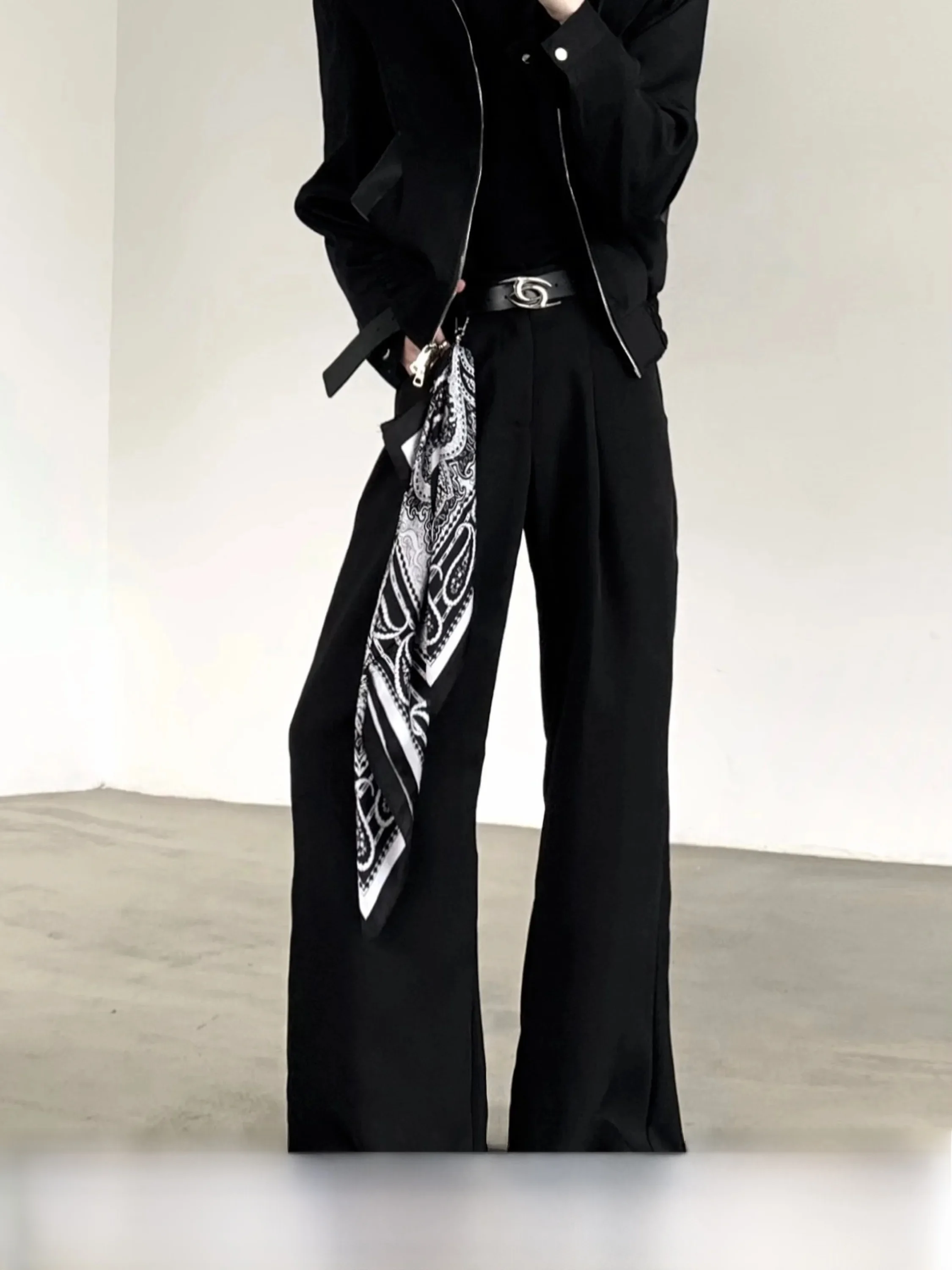 Black Men's High Waist Straight Leg Pants with Detachable Silk Scarf Casual Cleanfit Drapey Texture Fashionable Husband Look
