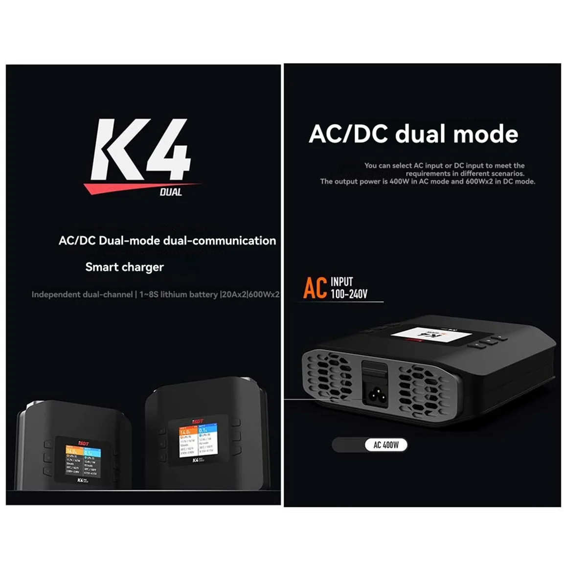 

AB01 K4 Двухканальное зарядное устройство Lipo AC 400 Вт/DC 600 Вт, 20 А, 1-8S LiPo/PB/LiHv/NiMH/Cd, идеально подходит для радиоуправляемых игрушек, вилка европейского стандарта