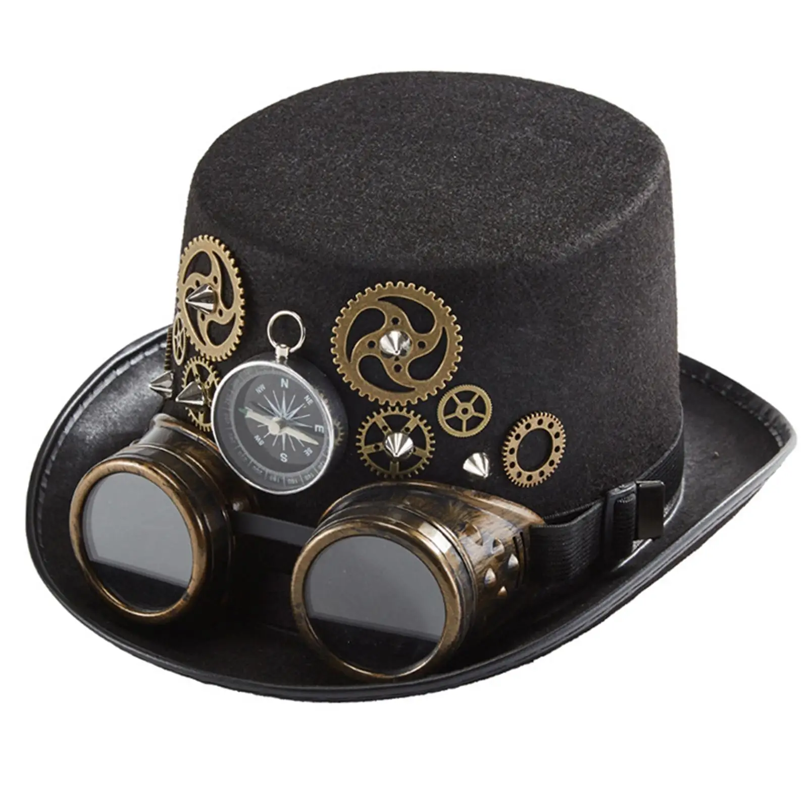 Retro Style Steampunk Top Hat Metal One Size Unisex Gothic Rivet Wide Brim Head Wear Gears for Jazz Cosplay Fancy Dress Women