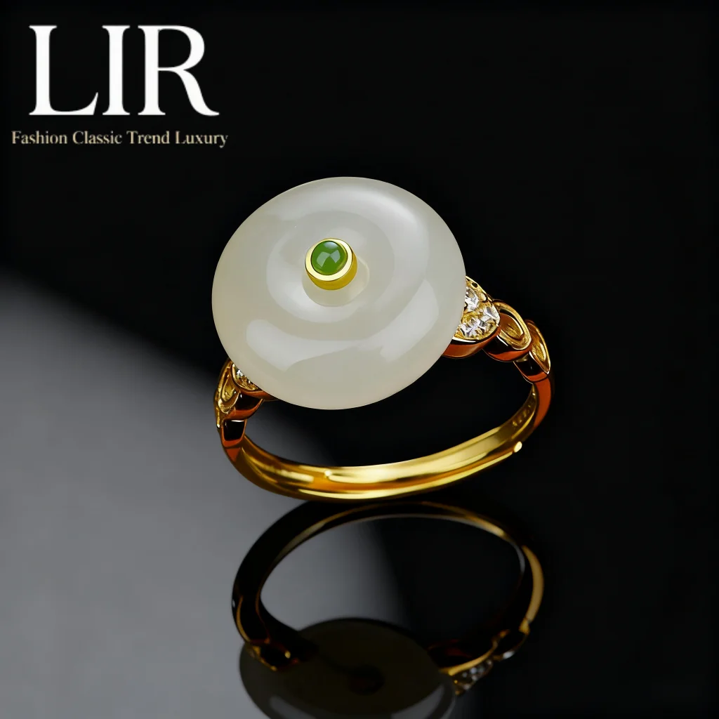 Anillo de plata S925: diseño abierto "Ping An Kou" de jade hetiano natural |   Trabajo: Friendly Safe & Lucky + Cert de joyería