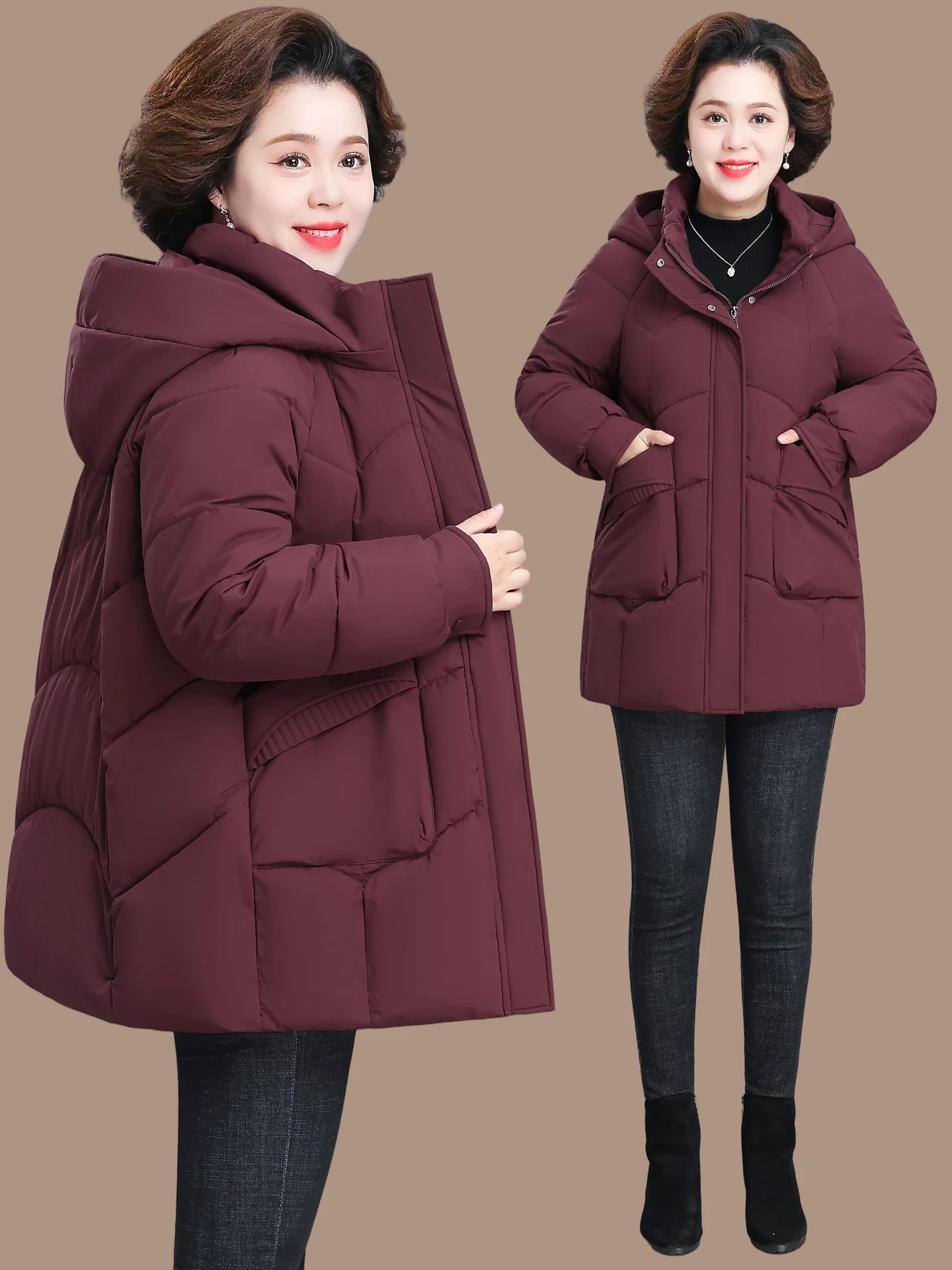 

Thiened down Cotton Jaet Mid-Length Winter Coat for Middle-Aged And ly Women Casual Sle Windproof And Warm