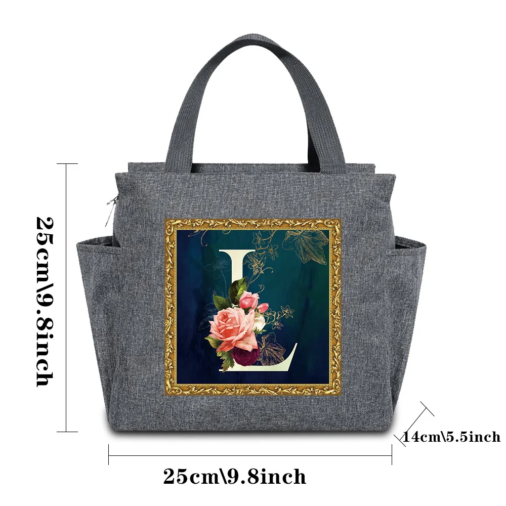 Picnic Travel Cooler Box for School Portable Insulated Lunch Bag Flower Letter Series Pattern Breakfast Box Canvas Handbags