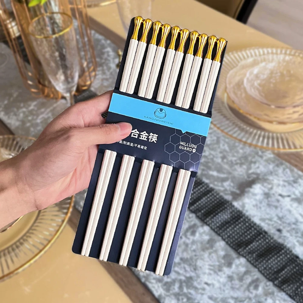 Juego de 5 Pares de Palillos Chinos Reutilizables de Aleación Antideslizante, Palillos Japoneses para Sushi, Juego de Palillos para Cocina, Vajilla, Regalo
